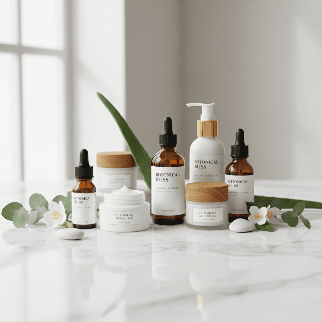 Natural skincare products with plant-based ingredients on a marble surface